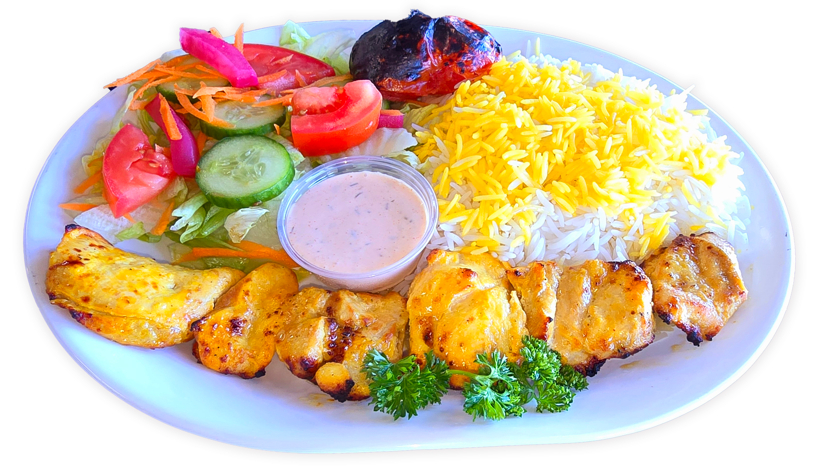 chicken leg kebab with rice, salad, and grilled tomatoes