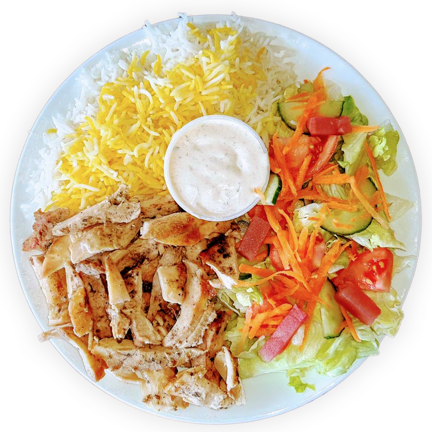 chicken shawarma with rice, salad, and garlic sauce