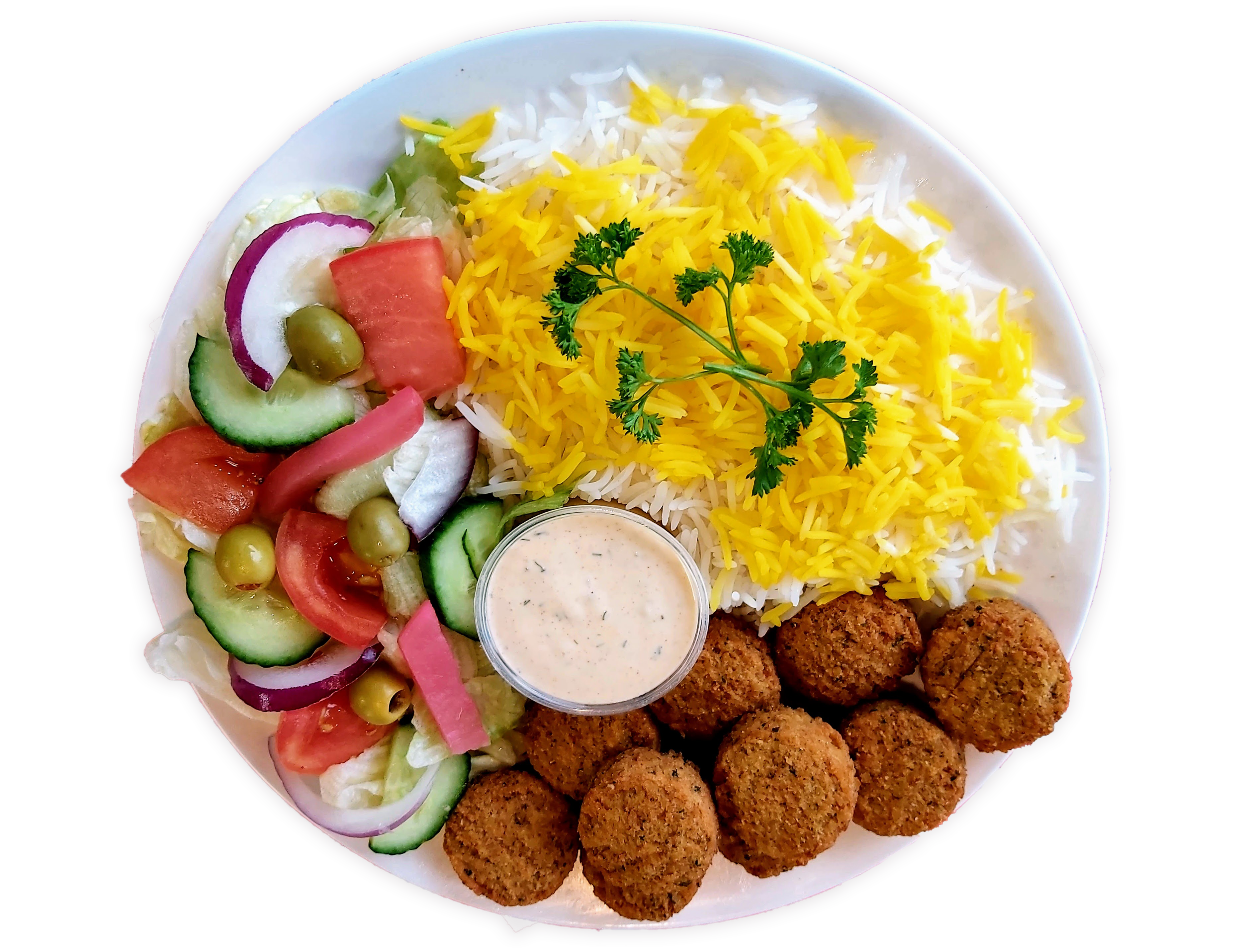 falafel with rice, salad, and garlic sauce