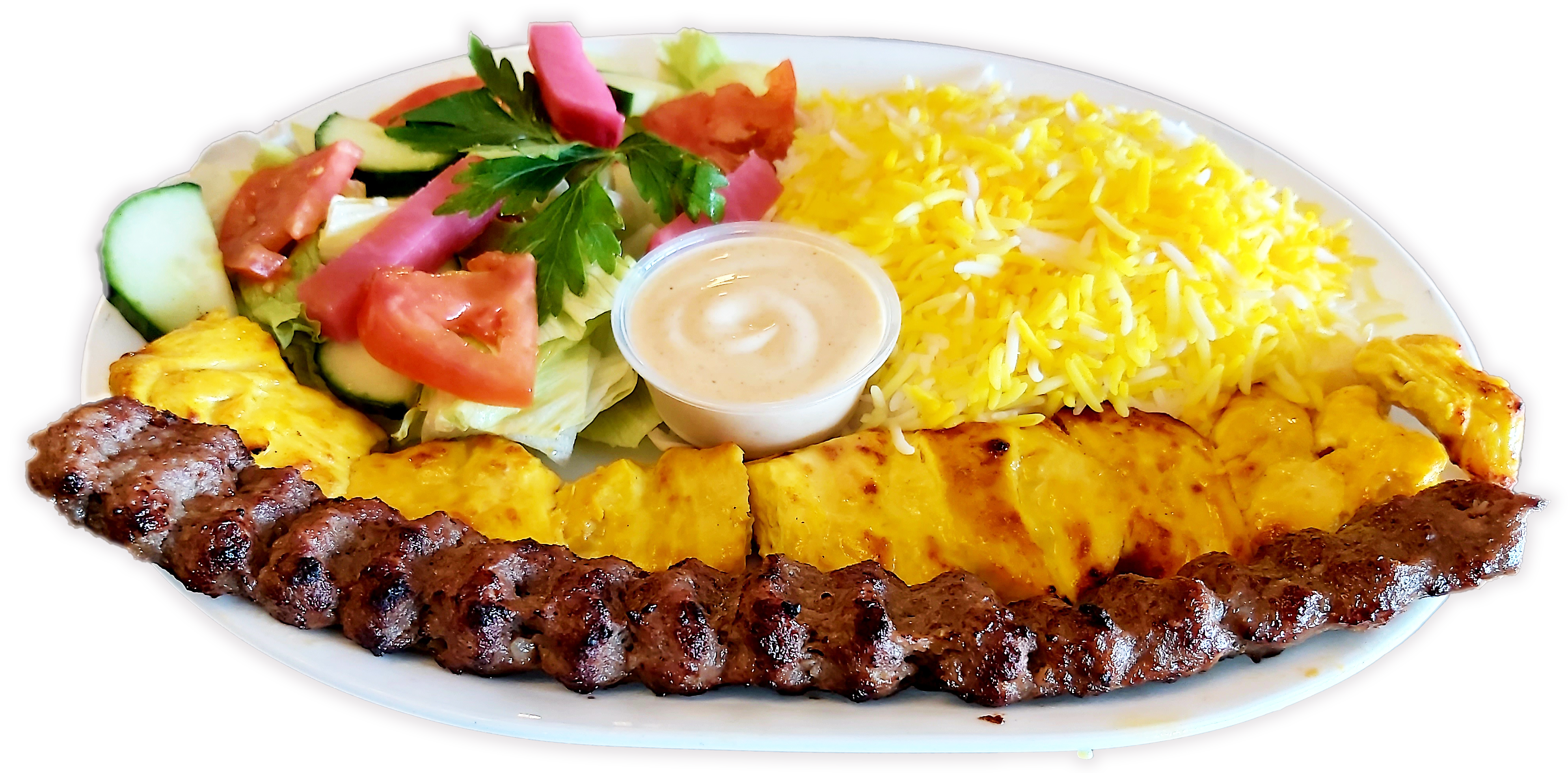 chicken breast kebab with rice, salad, and grilled tomatoes