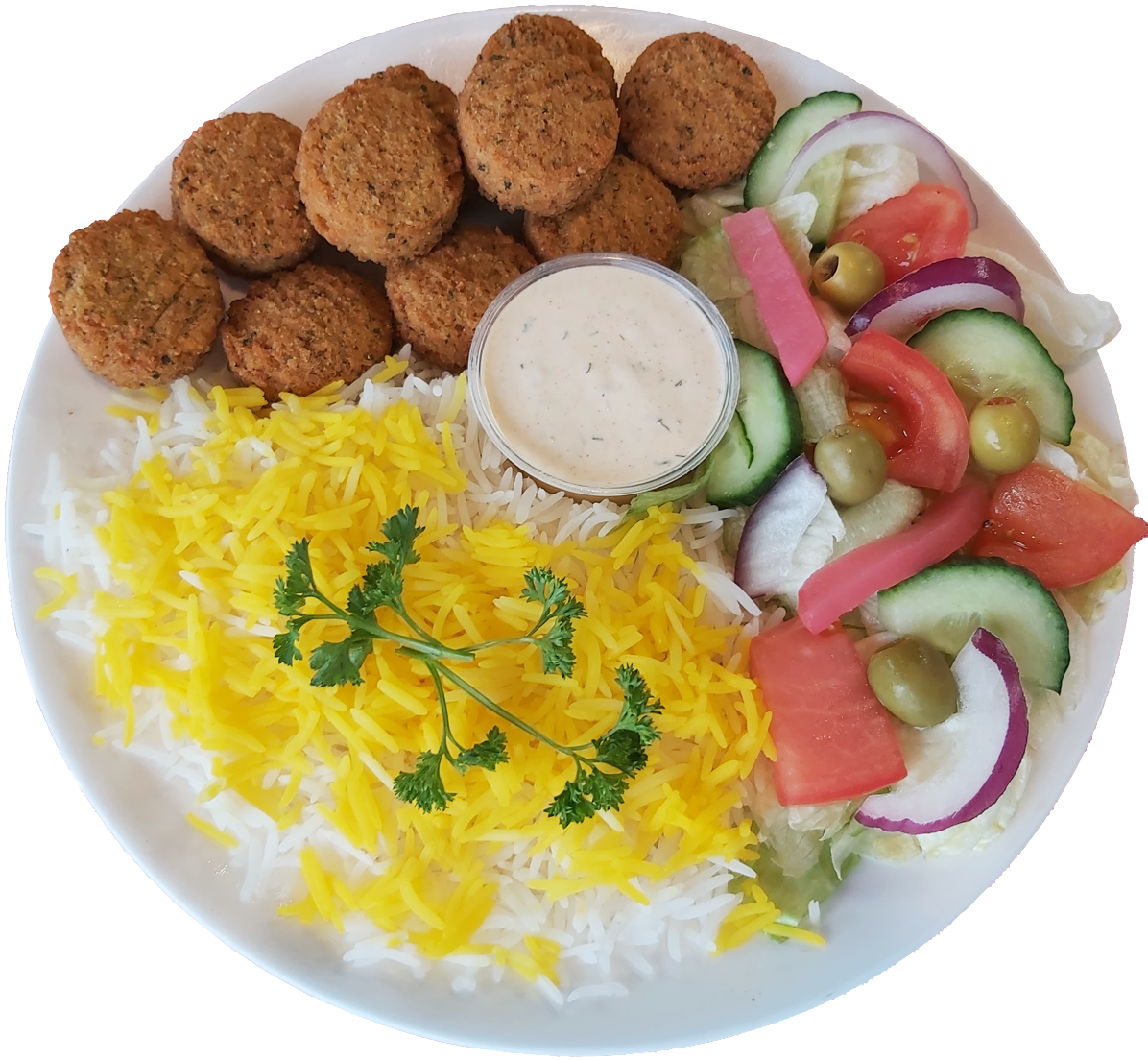 falafel with rice and salad