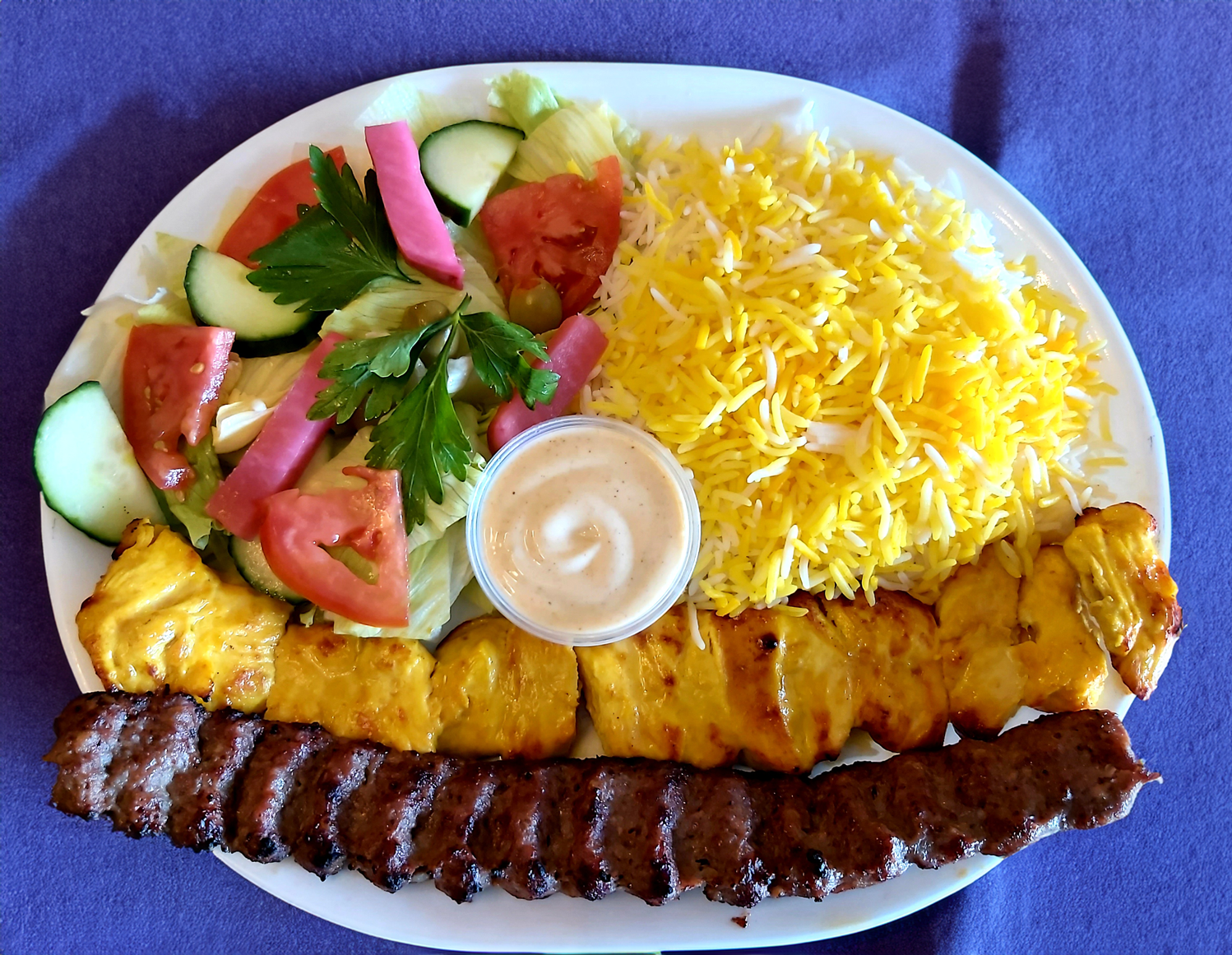 koobideh and chicken kebab with rice and salad